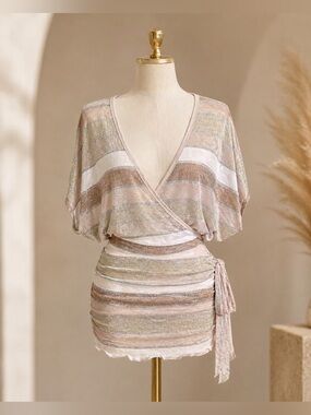 Bebe Silk Wrap Tie Top XS Cream Silver Beige Shimmer Stripe Blouse